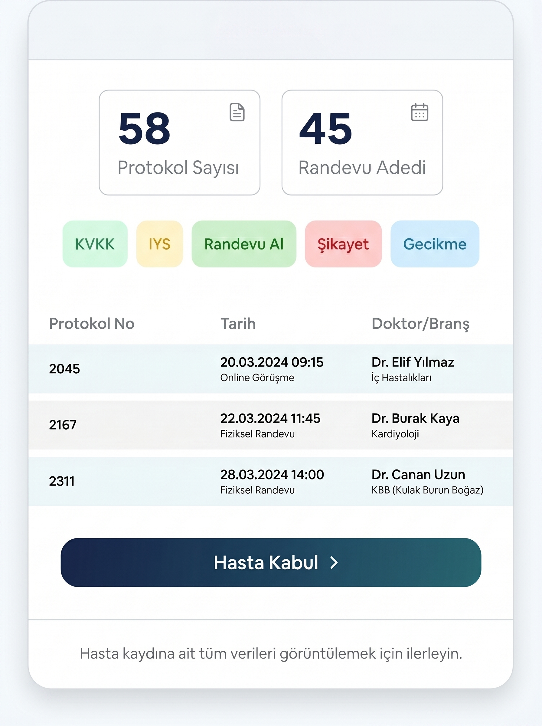 NextKlinik Hasta Kabul ve Protokol Ekranı